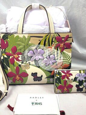 2 pc. RADLEY LONDON RHS ORCHID THEME LIMITED ED. SHOULDER BAG/PURSE-WALLET SET
